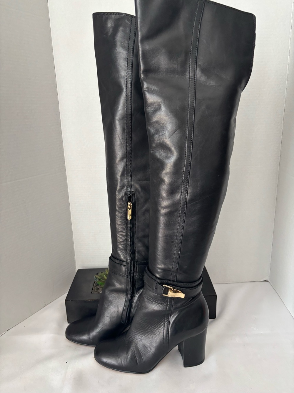 Sam Edelman Black Leather Over-the-Knee Block Heel Boots  W/ Ankle Buckle SZ 7.5 - Picture 14 of 15